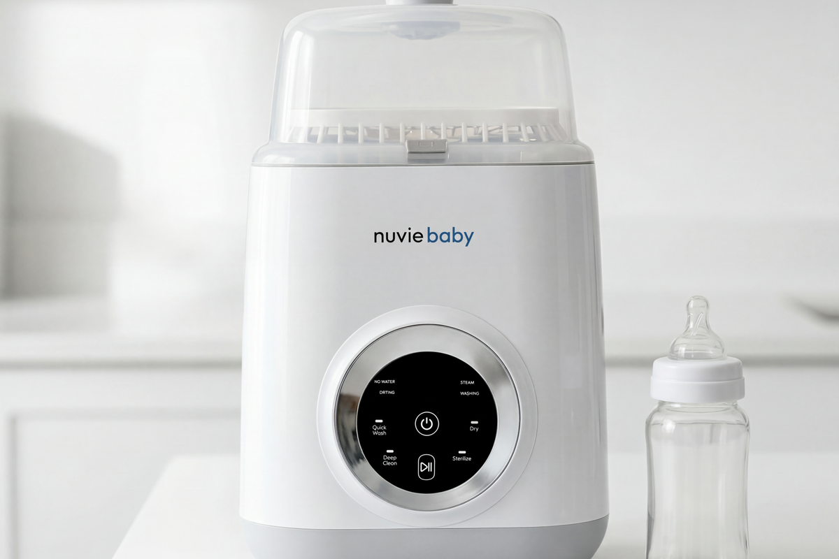 A nuviebaby Clean machine on a white kitchen counter with a clean baby bottle beside it