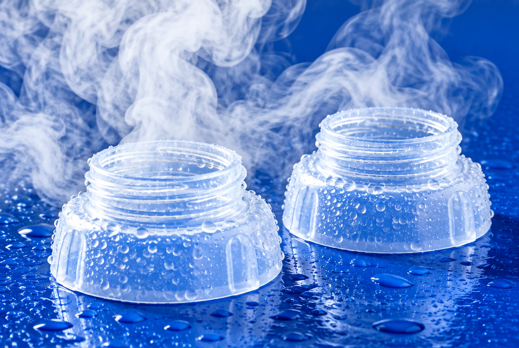 Steam rising from two clear bottle collars resting on a wet cobalt blue surface