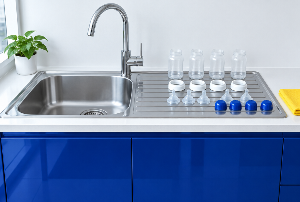 A stainless steel kitchen sink with bottle collars, teats and caps drying on the draining board, cobalt blue cabinets below