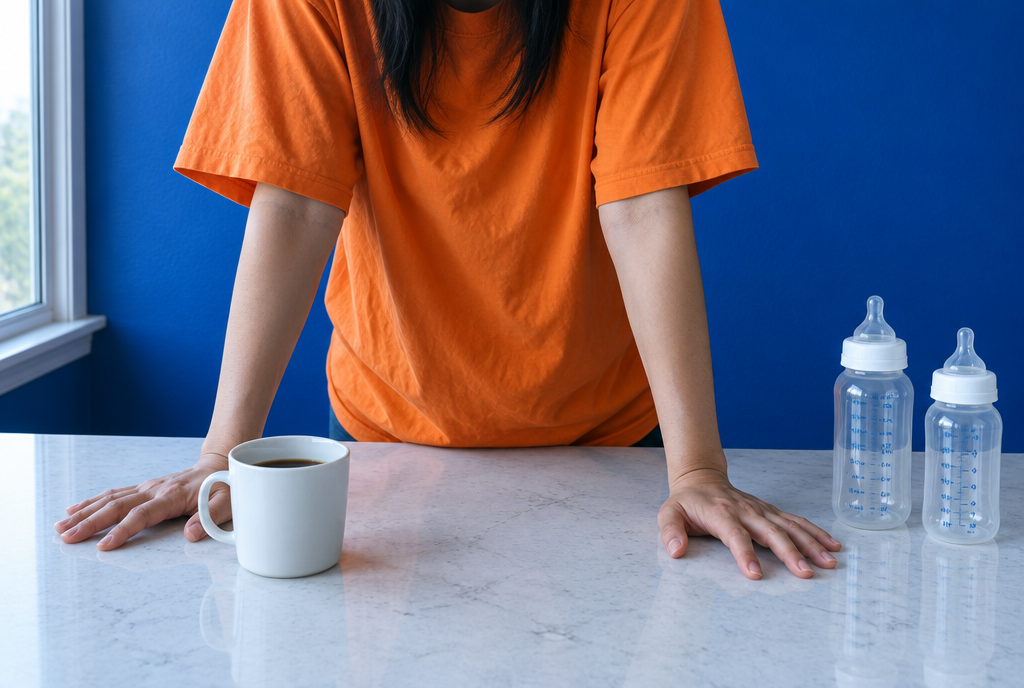 A parent leaning her weight on both hands at a kitchen counter, a mug of cold coffee and two clean baby bottles beside her