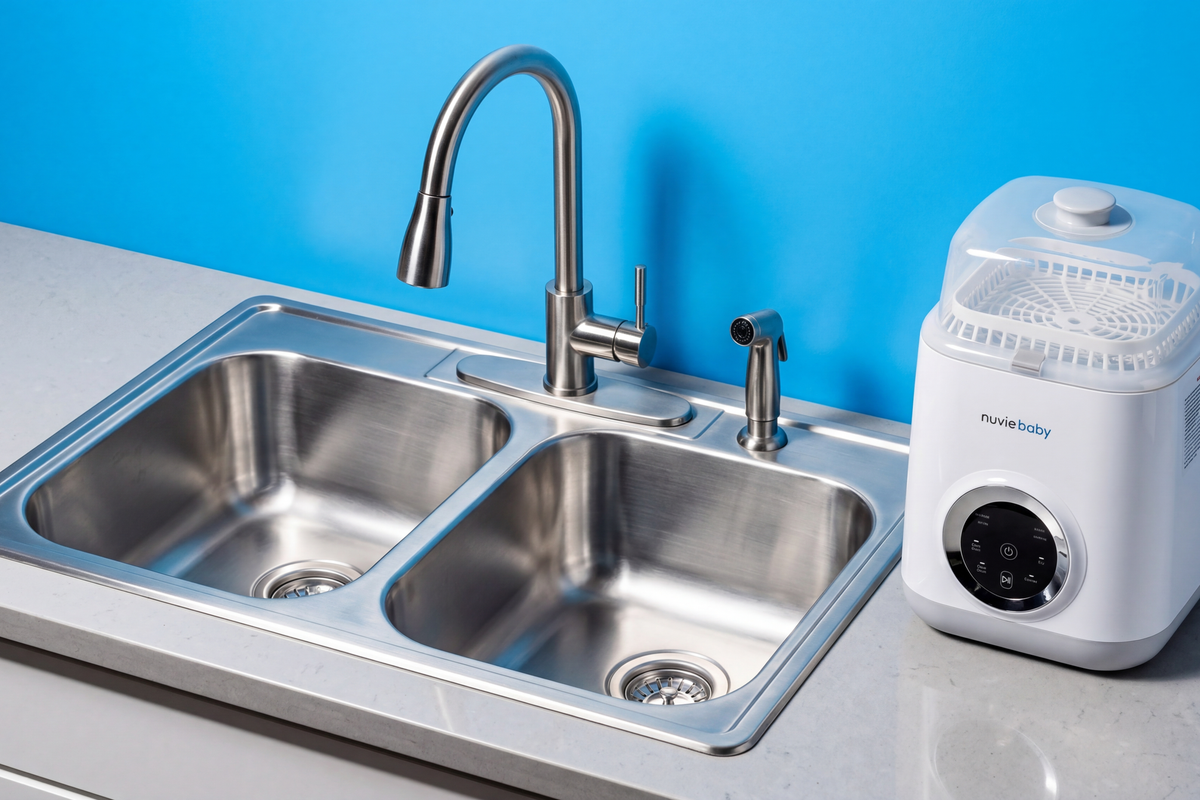 A nuviebaby Clean machine on a kitchen counter beside a stainless steel sink