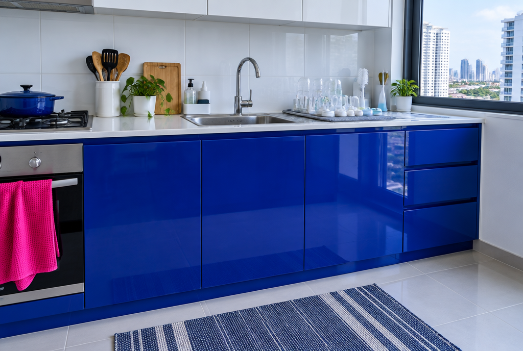 A compact kitchen with cobalt blue gloss cabinets, a stainless steel sink and bottle parts drying beside the tap