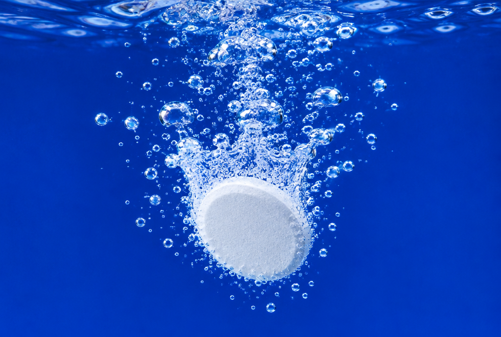 A white cleaning tablet dropping into clear water, bubbles rising around it