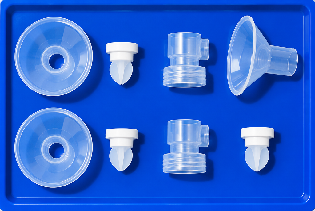 Breast pump flanges, valves and connectors laid out in rows on a cobalt blue tray