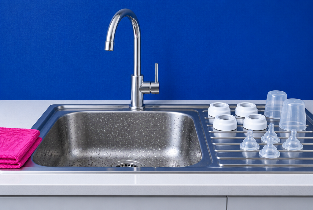 A stainless steel sink and tap with bottle parts drying beside it, against a cobalt blue wall
