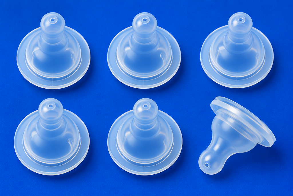 Six silicone baby bottle teats arranged in two rows on a cobalt blue surface