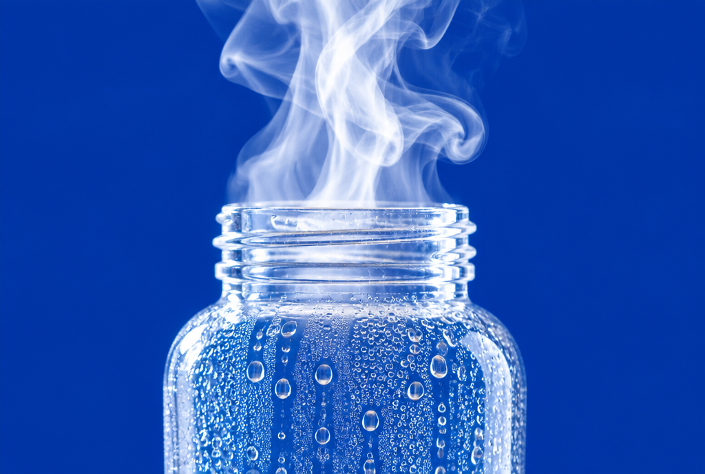Steam rising from the open neck of a clear baby bottle against a cobalt blue background