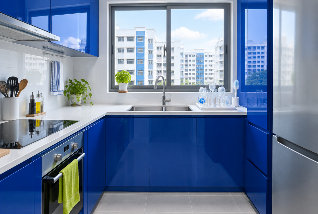 A bright Singapore apartment kitchen with cobalt blue cabinets and baby bottle parts drying by the sink