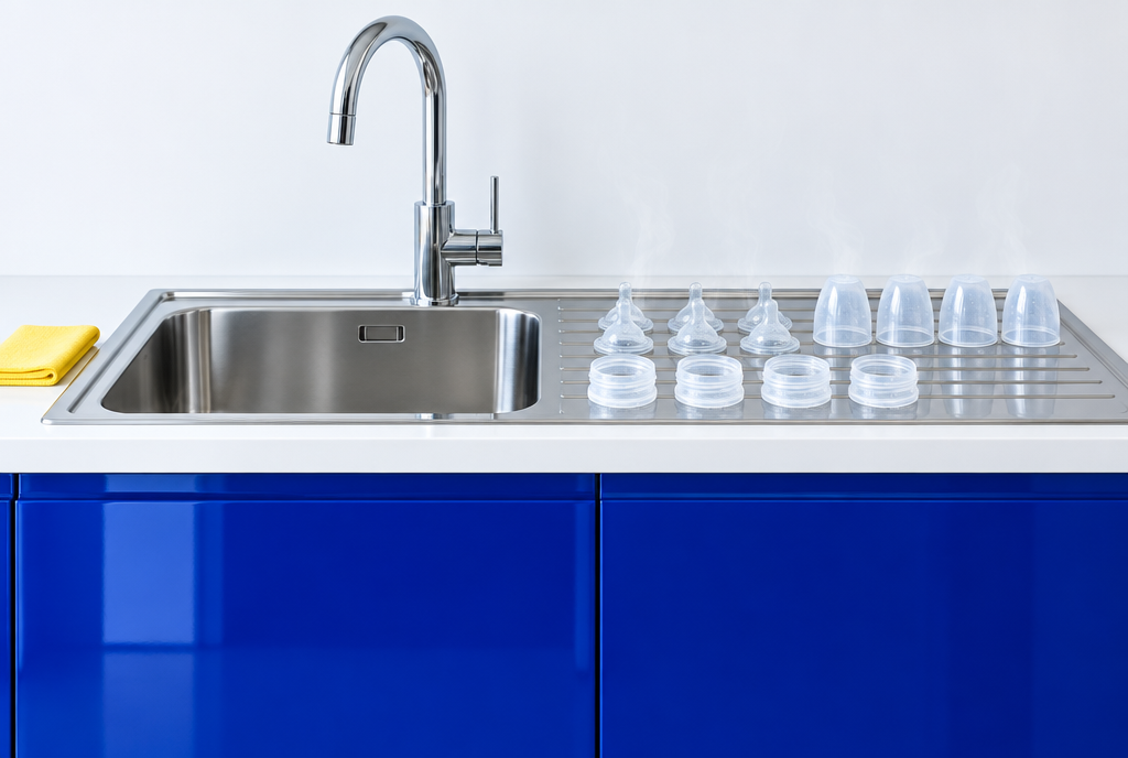 A stainless steel kitchen sink with clear bottle parts drying on the draining board, cobalt blue cabinets below