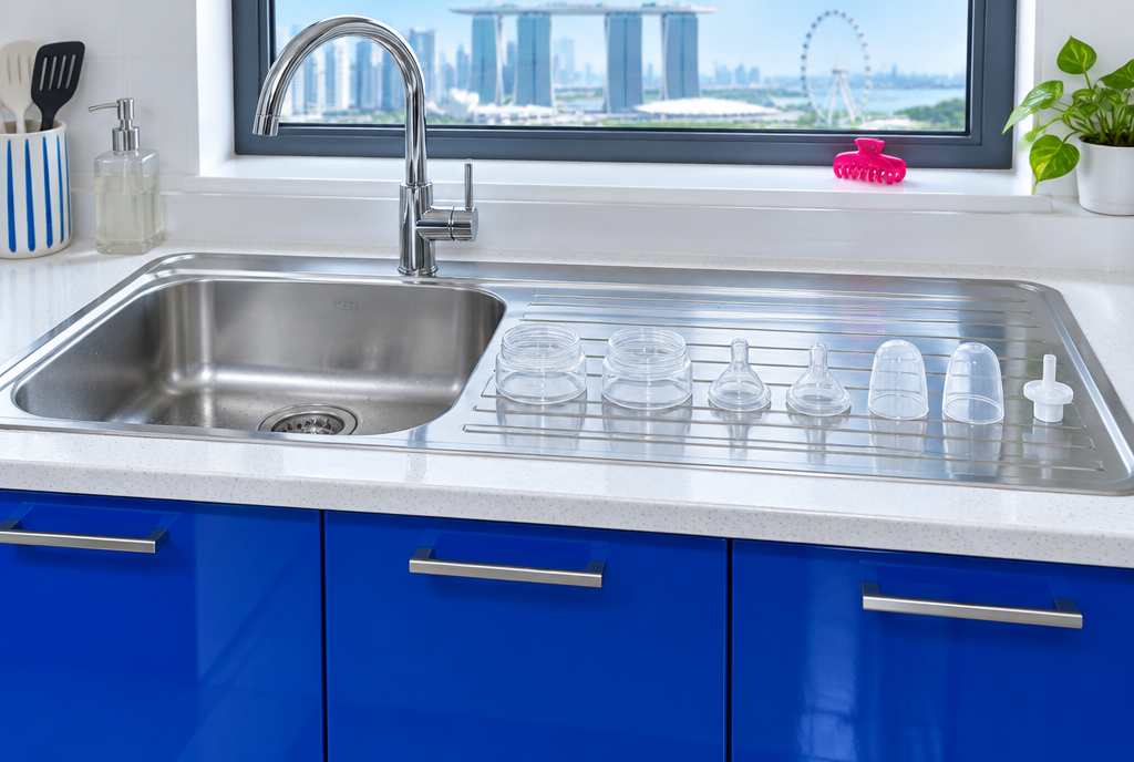 A stainless steel sink with bottle collars, teats and caps laid out on the draining board, cobalt blue cabinets below
