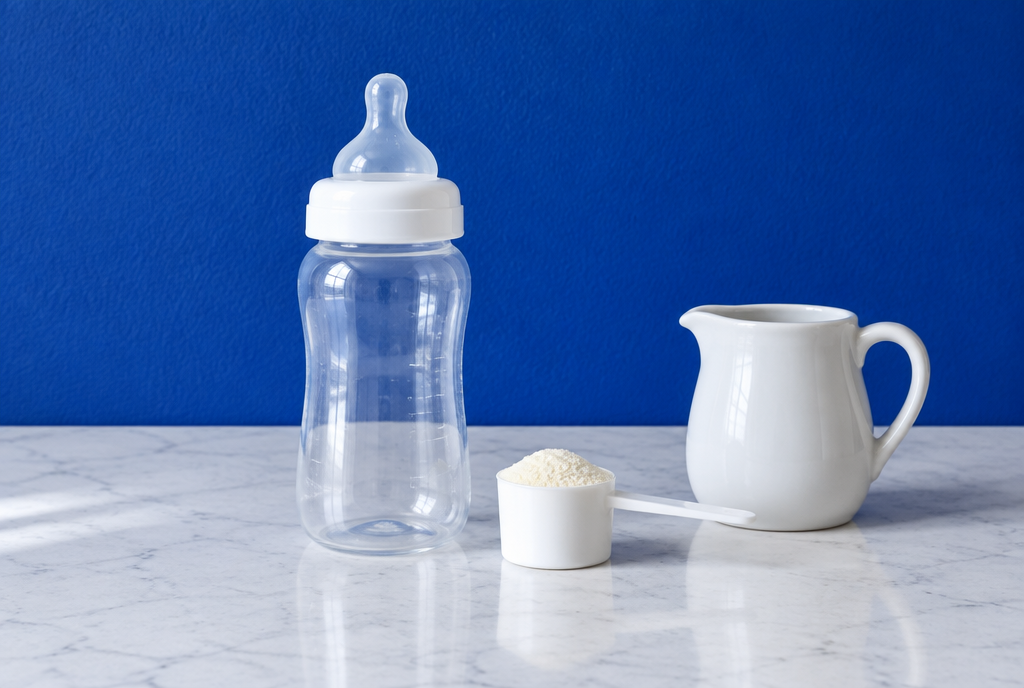 A parent feeding a baby a bottle on a sofa in a softly lit living room