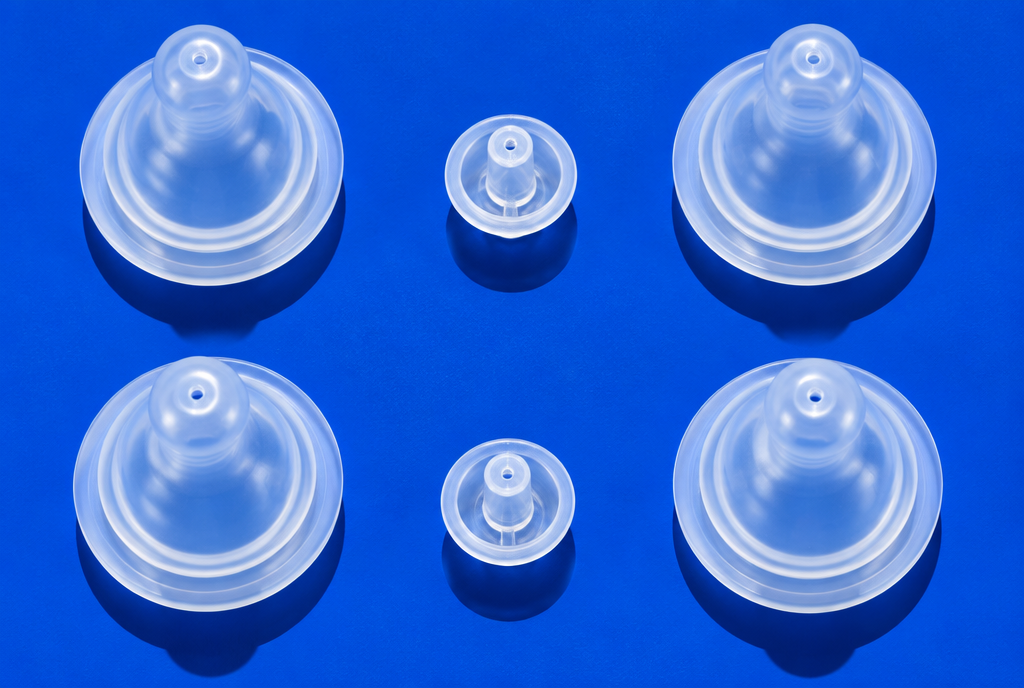 Four silicone baby bottle teats and two small valves arranged on a cobalt blue surface, seen from above