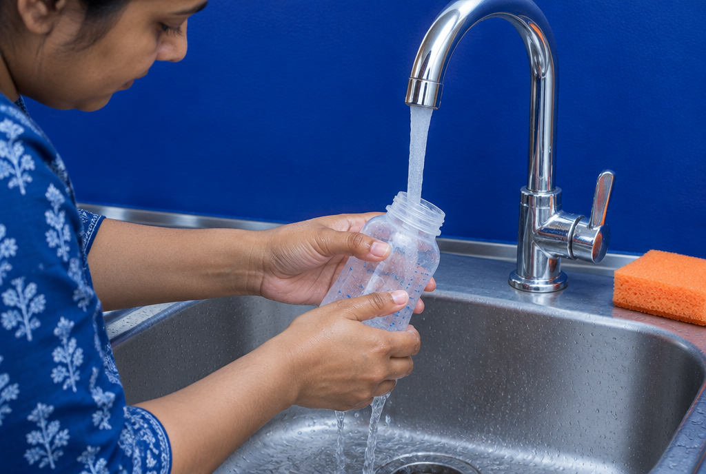 A parent rinsing a clear baby bottle under a running tap, cobalt blue wall behind the sink