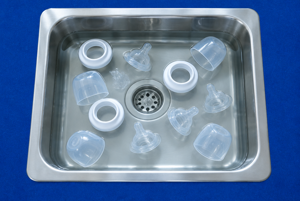 Baby bottles and parts soaking in soapy water in a sink, seen from above