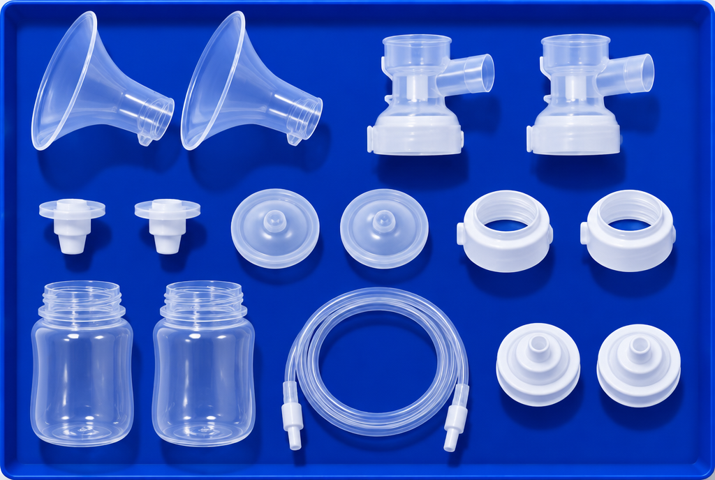 A full set of breast pump parts and two storage bottles laid out on a cobalt blue tray, seen from above