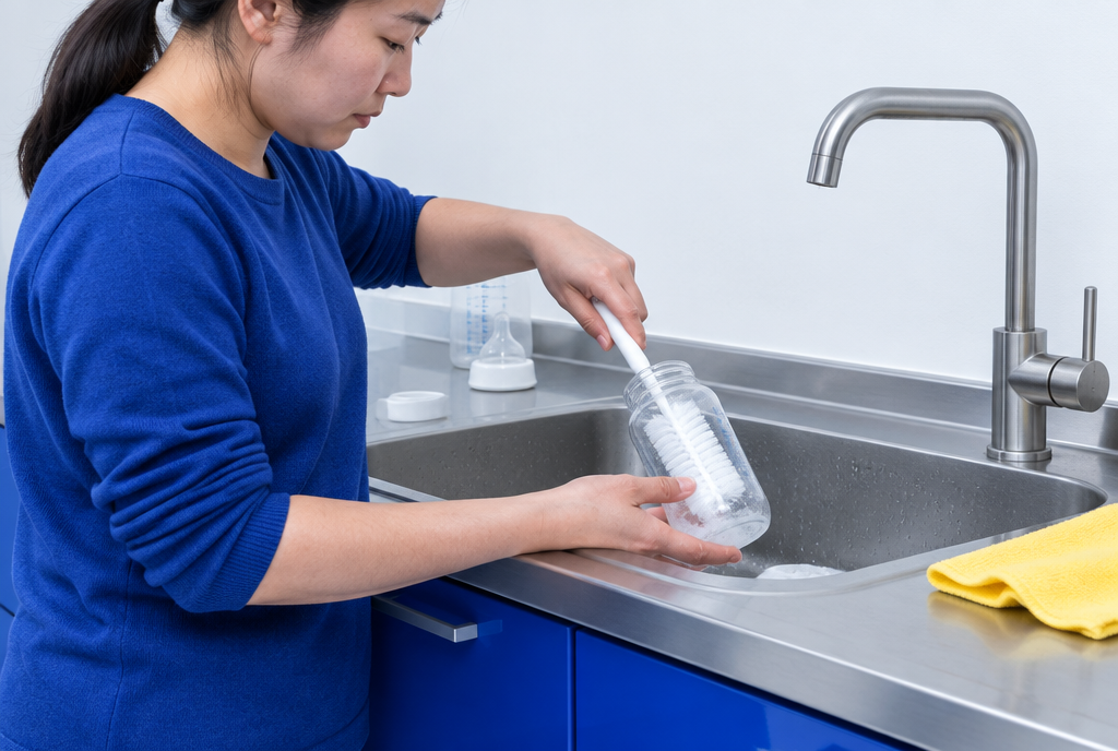 A parent scrubbing inside a clear baby bottle with a brush at a stainless steel sink
