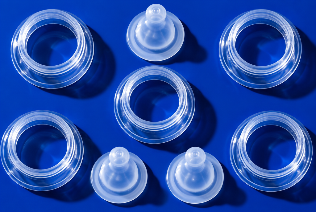 Clear bottle collars and silicone teats arranged on a cobalt blue surface, seen from above