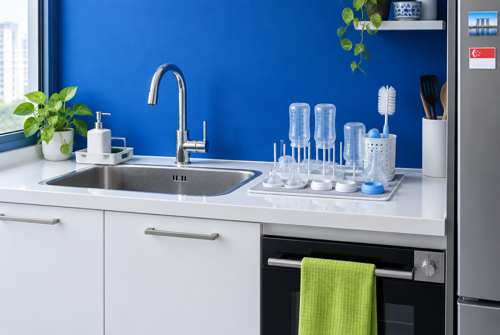 A compact kitchen with a stainless steel sink, cobalt blue cabinets and bottle parts drying beside the tap
