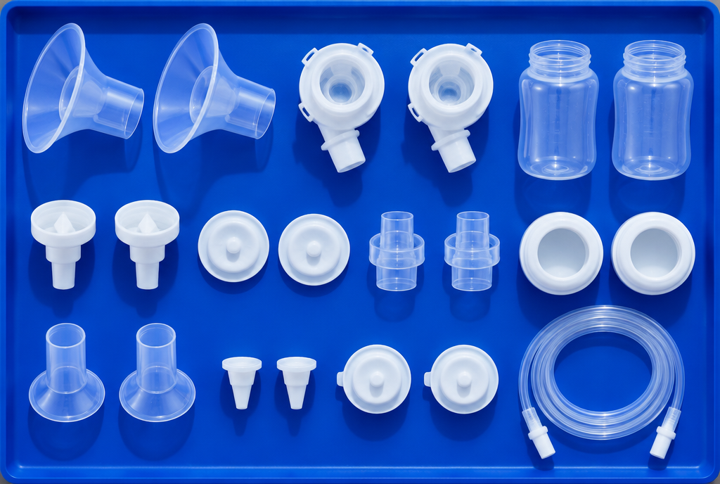 A full set of breast pump parts laid out in a grid on a cobalt blue tray