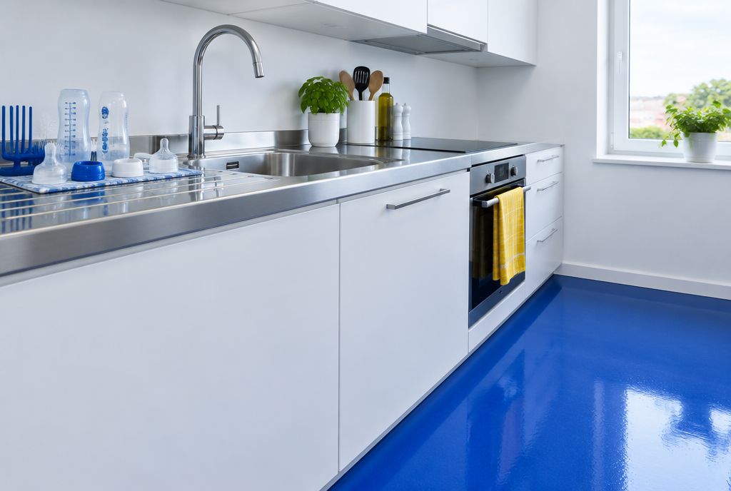 A kitchen sink and tap seen from a low angle, bottle parts drying on the draining board, cobalt blue floor