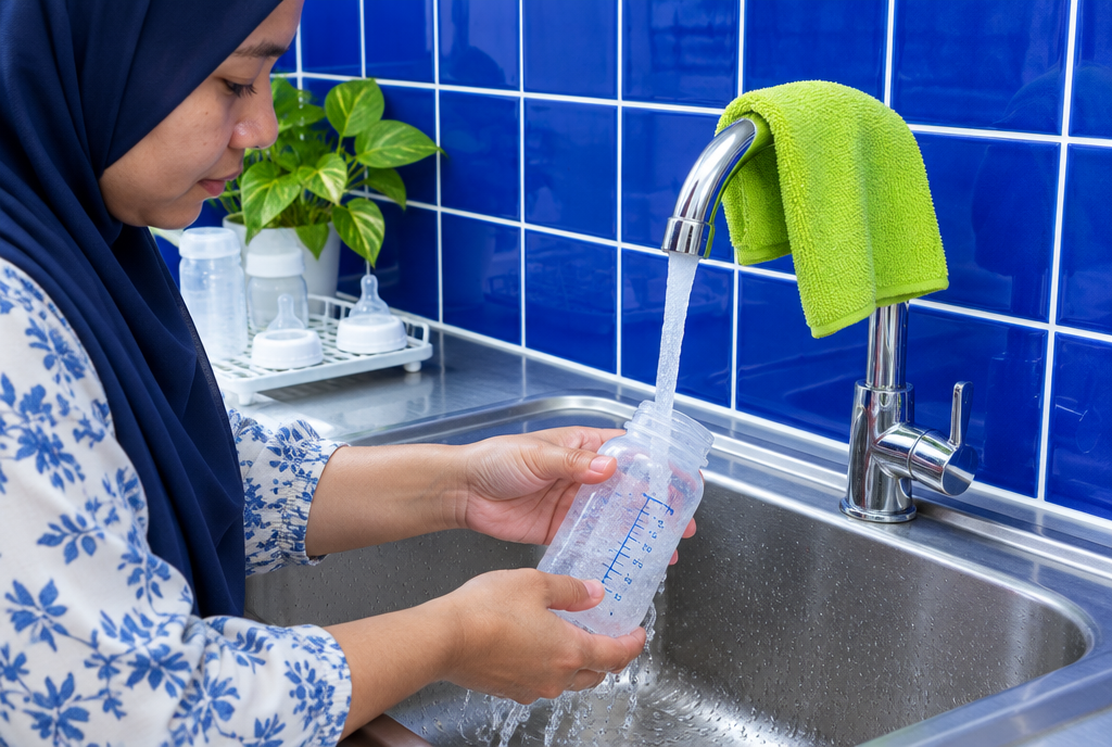 A parent rinsing a clear baby bottle under a running tap, cobalt blue tile behind the sink