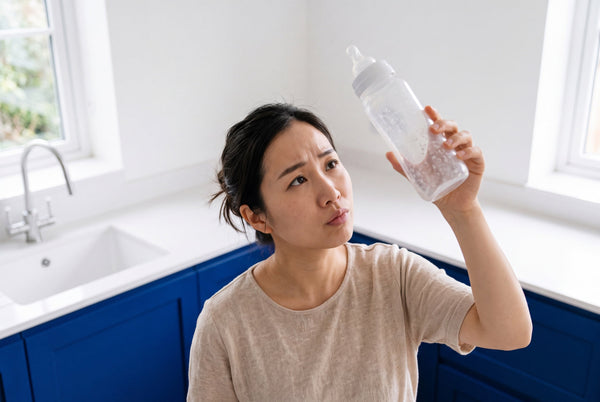 Mother holding a baby bottle up to the light, checking white water spots on the plastic