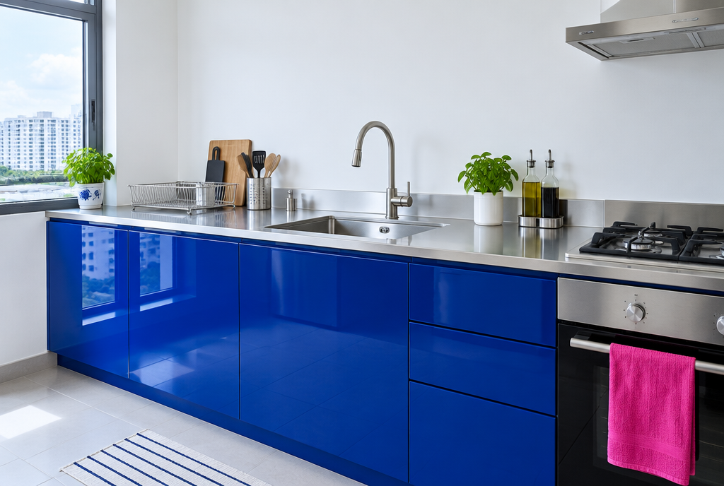 A compact kitchen with a stainless steel sink and cobalt blue cabinets running the length of the counter