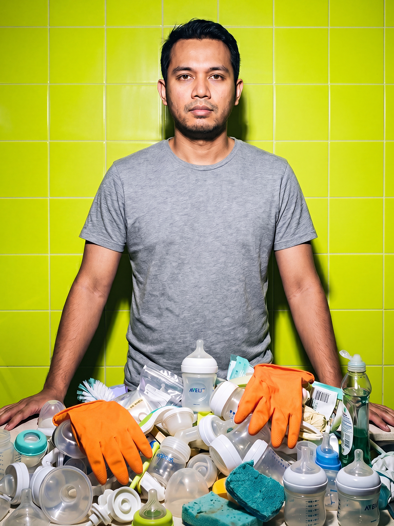 Parent at the kitchen sink, hands washing bottles