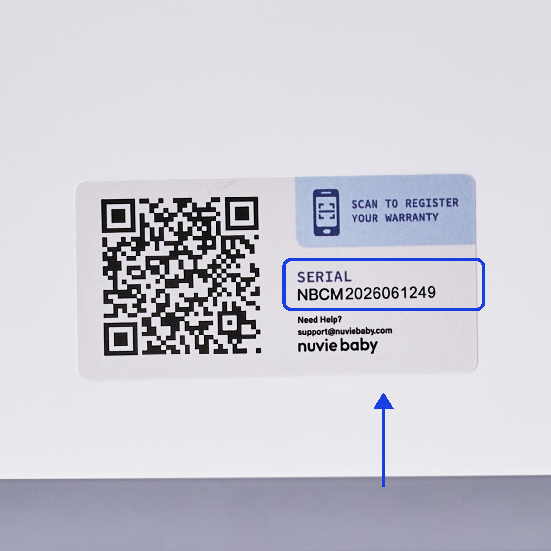 Serial number on the sticker beside the QR code on the side of the nuviebaby Clean Max