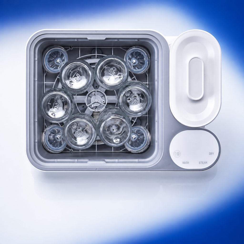A loaded basket of bottles and pump parts inside the nuviebaby Clean Max, viewed from above.