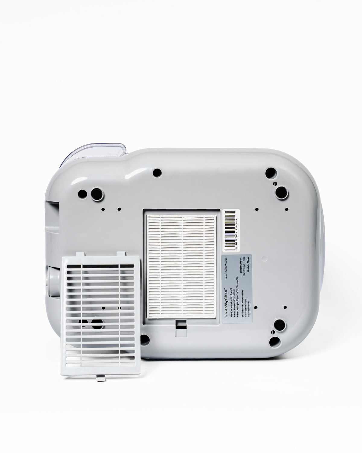 Underside of the nuviebaby Clean showing the rectangular filter grille panel
