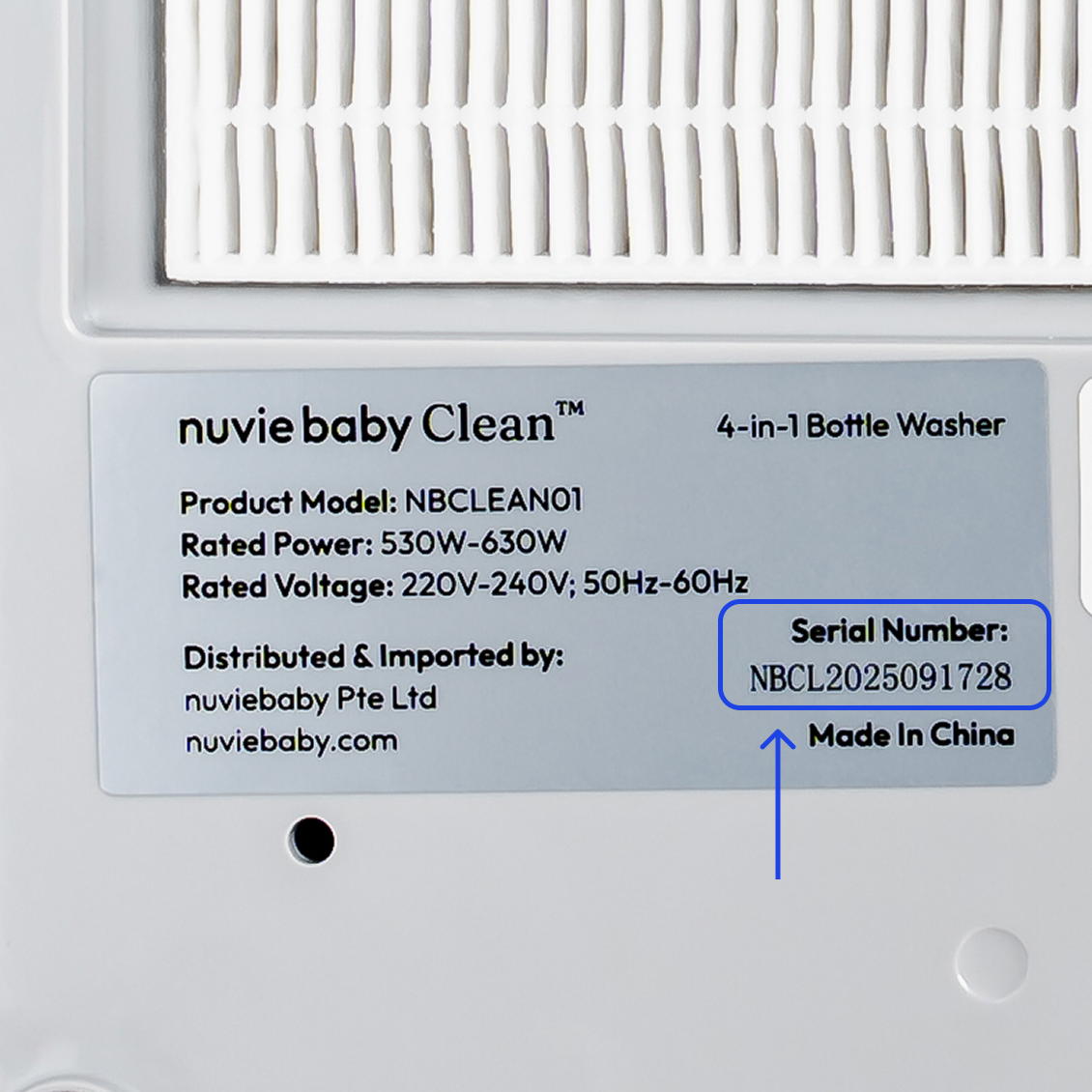 Serial number on the product information sticker under the nuviebaby Clean